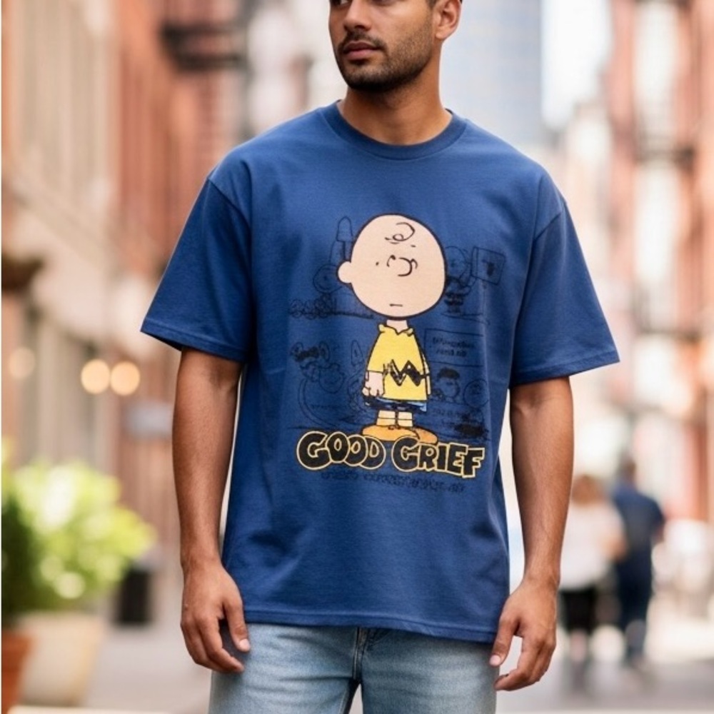 M&O Vintage Look Charlie Brown Peanuts Retro 90’s Good Grief navy blue tee shirt